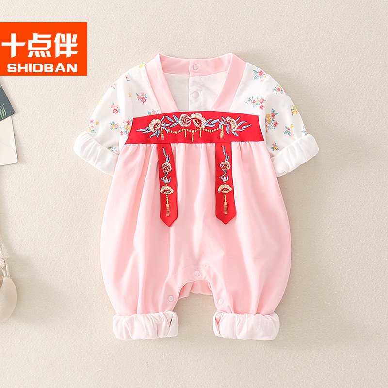 Baby Spring Autumn Dress Clothes Long Sleeves 0-3 Month Female Baby Climbing 6 China Wind Full Moon Princess Lieven Suit Qipao