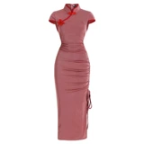 Элегантная летняя одежда, платье, ципао, длина миди, на шнурках, с акцентом на бедрах