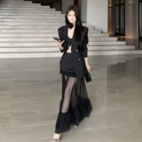 Женский модный длинный кружевной костюм, комплект, в западном стиле, в цветочек, средней длины, красивая спина, с лямками