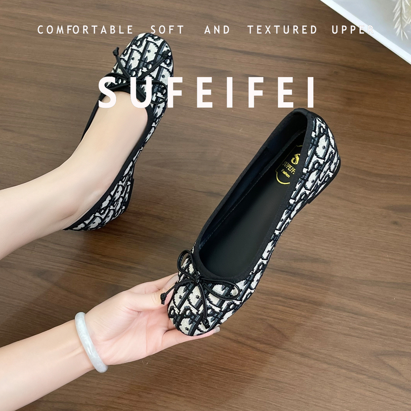 Sufeifei【Sheepskin Edition】D Brand Same Style Height-Increasing Flat Shoes for Women with Bow, Black Ballet Shoes Sufeifei【Sheepskin Edition】D Brand Same Style Height-Increasing Flat Shoes for Women with Bow, Black Ballet Shoes
