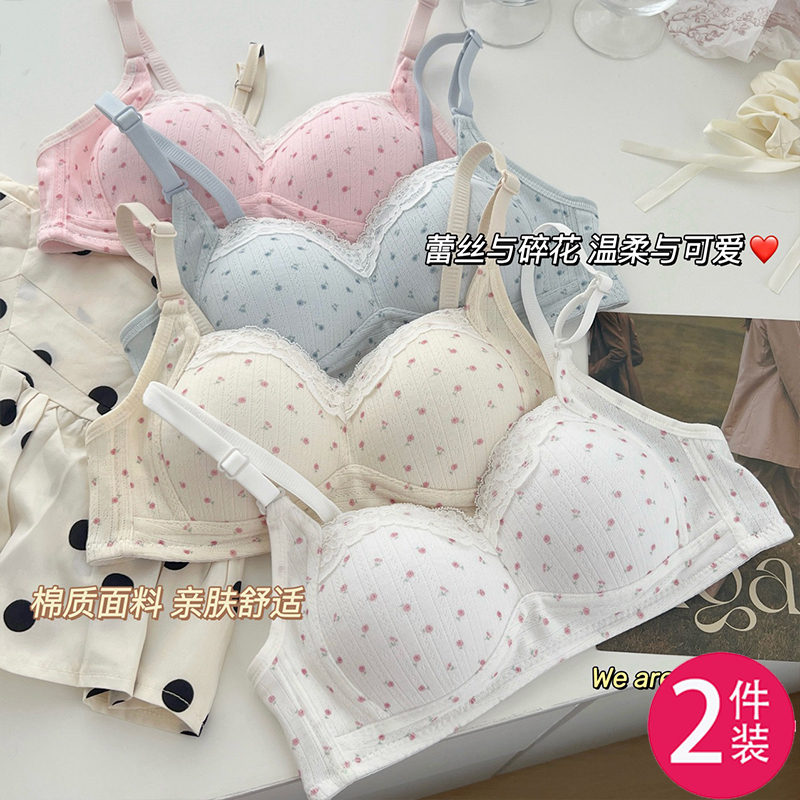Sweet Floral Girl's Underwear for Women with Large Busts, Makes the Bust Look Smaller, Gathers and Supports Side Breasts, Prevents Exposure, Student High School Bra for Summer