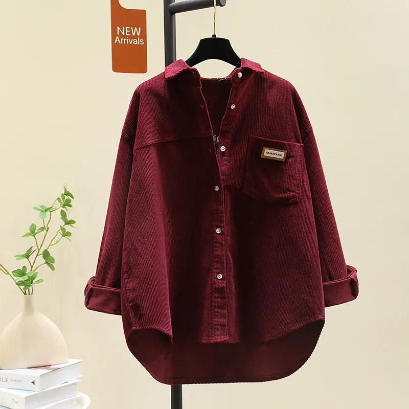 Designed Thick Corduroy Burgundy Shirt Jacket for Women, 2025 Autumn and Winter New Style, Loose and Slimming Shirt Top