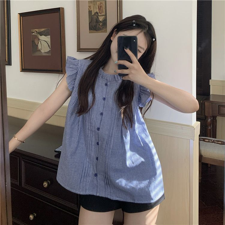 French-Style Sweet Little Flutter-Sleeve Blue Plaid Shirt for Women, 2026 Spring/Summer Niche Sleeveless Babydoll Top