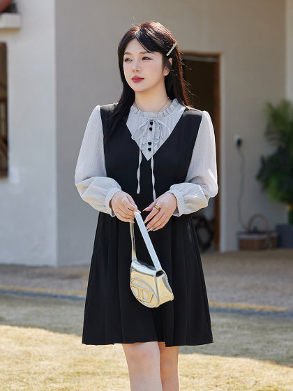 绮娑女装大码连衣裙春季2025年新款法式假两件显瘦胖MM收腰A字裙