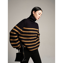 Maryme Fluffy and coarse wool fashionably coloured striped arc sleeves high - collar thick knitting sweater