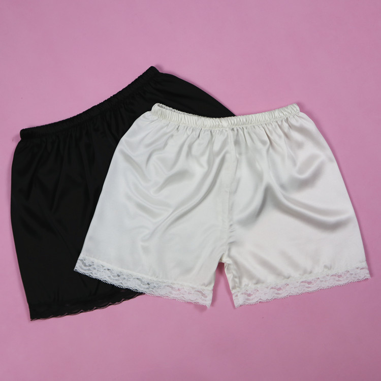 Summer mulberry silk women's anti-light silk satin bottoming shorts three-quarter pants lace lace safety pants
