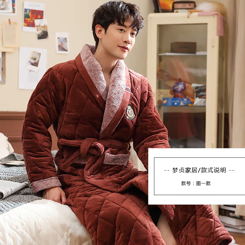 Nhung nhung ba lớp chần cộng với nhung dày áo choàng nam mùa đông trung niên ấm áp nam XL mùa đông cộng với phần dài váy ngủ nữ