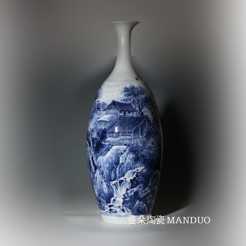 Jingdezhen curvy 66 cm high blue and white porch furniture decorative vase elegant hand - made vases olive bottle