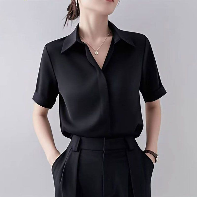 French-Style Black Shirt for Women, Summer Short-Sleeve 2026 New Model, Satin-Like Versatile Casual Workwear Shirt