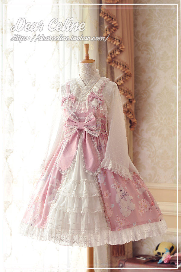 Pink【 goods in stock 】 DearCeline Original design   cherry blossoms Rabbit rabbit   Open up Gorgeous style a gentle wind Dress / Lol