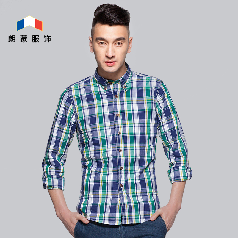 Langmeng spring new carbon brushed washed cotton plaid shirt men's long-sleeved Korean slim cotton shirt