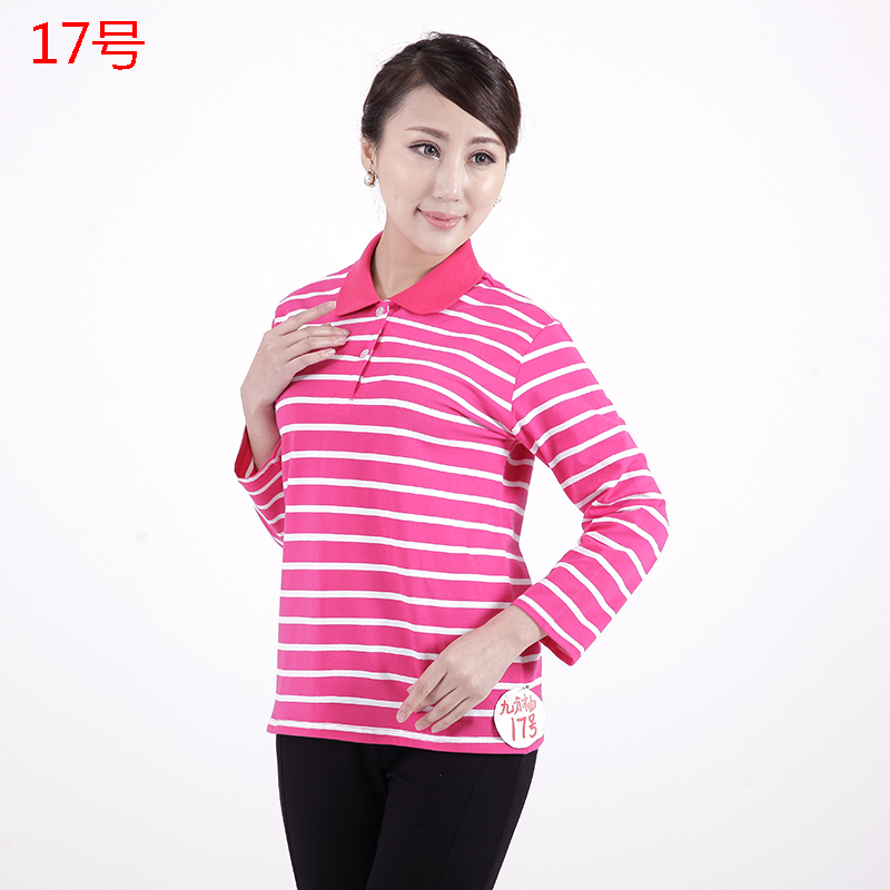 Cô Qiuyi Áo dài tay Nữ trung niên Cô Cotton Cotton Áo thun sọc ngang Áo sơ mi đơn giản trung niên quần áo cho mẹ