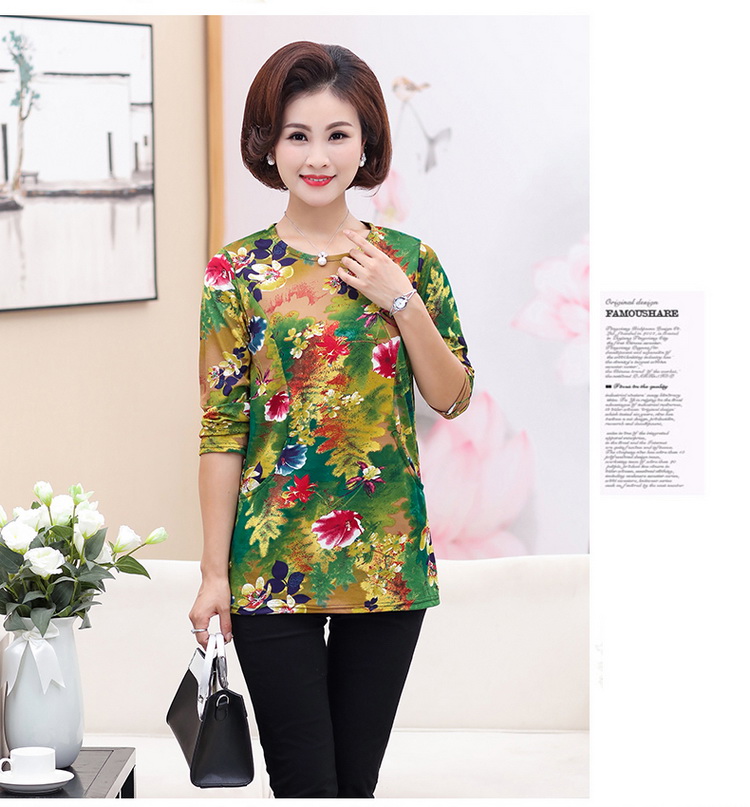 Áo thun nữ mùa thu và trung niên màu sắc nữ dài tay trung niên áo sơ mi rộng 50-60 tuổi mới 2018 áo form rộng nữ