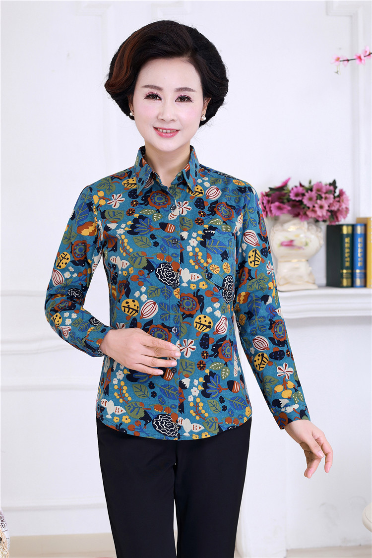 Áo sơ mi cotton cho phụ nữ trung niên và già Áo phông mùa xuân và mùa hè in áo sơ mi hoa dài tay XL các kiểu áo sơ mi nữ dài tay