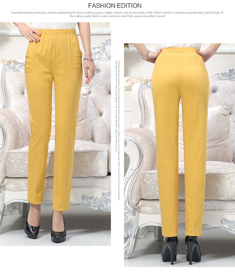 Quần nữ trung niên mùa xuân và mùa thu quần 9 Quần mẹ trung niên chất liệu cotton co giãn thường xuyên quần thun eo áo kiểu tuổi 60
