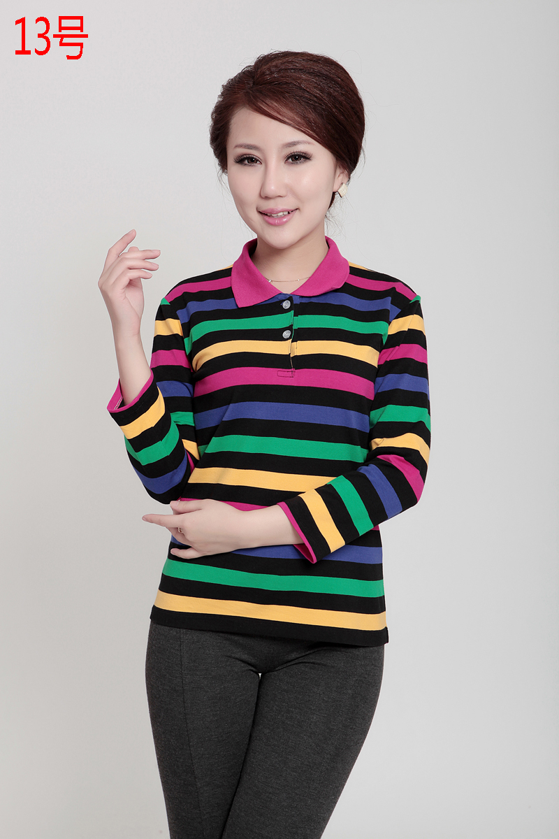 Cô Qiuyi Áo dài tay Nữ trung niên Cô Cotton Cotton Áo thun sọc ngang Áo sơ mi đơn giản trung niên quần áo cho mẹ