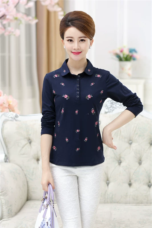 Áo thun nữ trung niên mùa thu dài tay thời trang mẹ chất liệu cotton cài áo thun thêu hoa trung niên cộng với size áo sơ mi nữ áo phông rộng