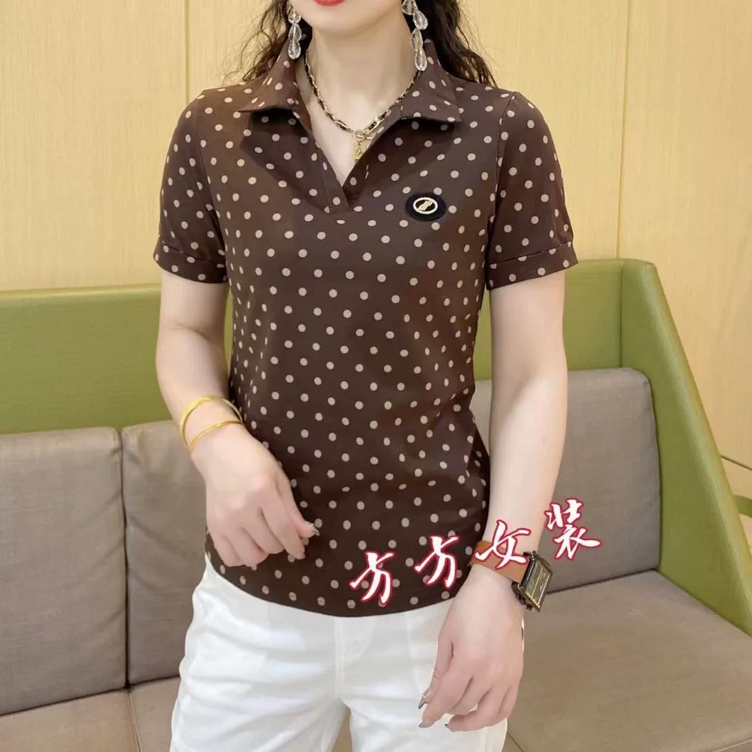 [Fangfangjia] 2024 новая летняя мода повседневная полка точек Polo shirt #2512 Одежда мамы