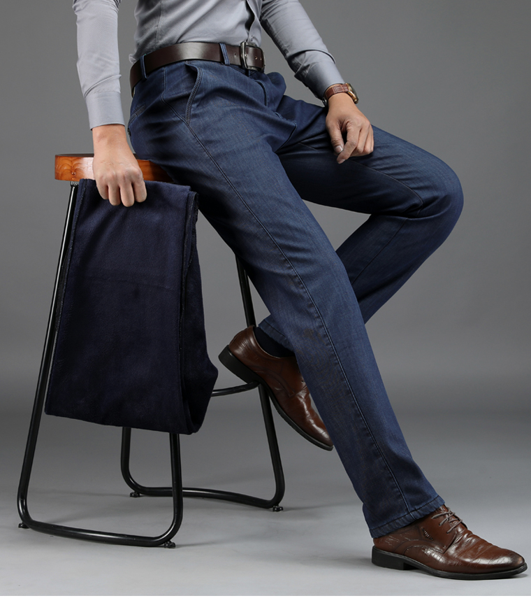 Mùa đông mới cộng với nhung dày ngày lụa cotton jeans nam cao eo thẳng kinh doanh bình thường quần lụa shop thời trang nam