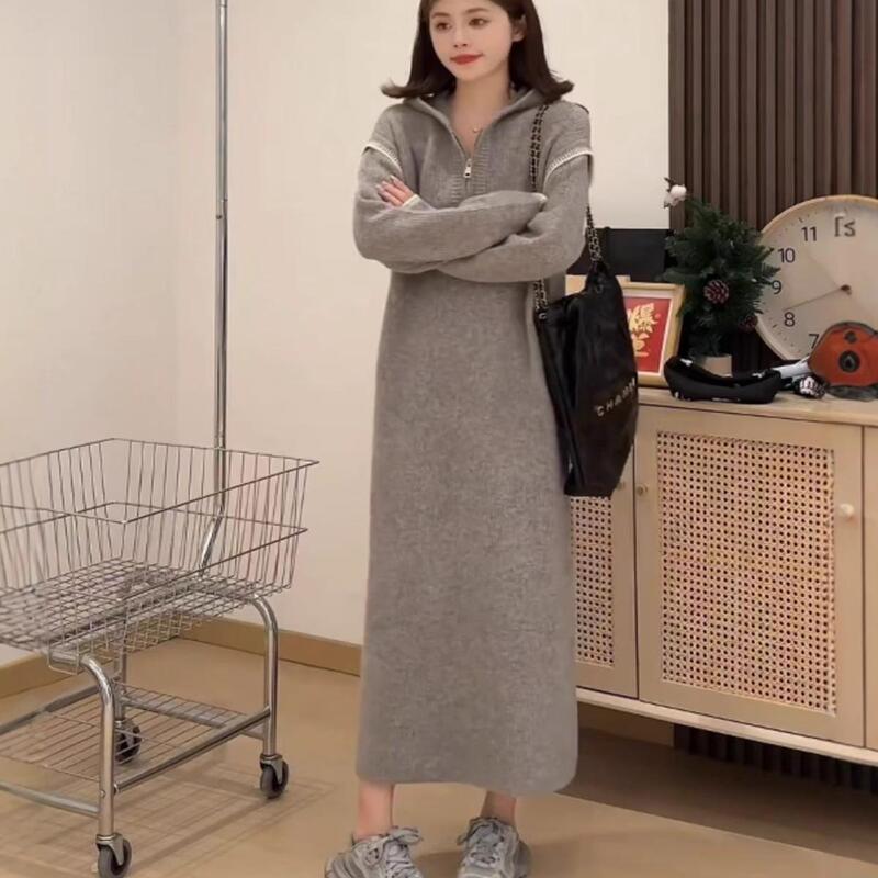 European-Style Plus-Size French Lazy Style Hooded Zip-Up Knit Sweater Dress for Slightly Chubby Women, Slimming and Age-Reducing, Tummy-Covering Dress