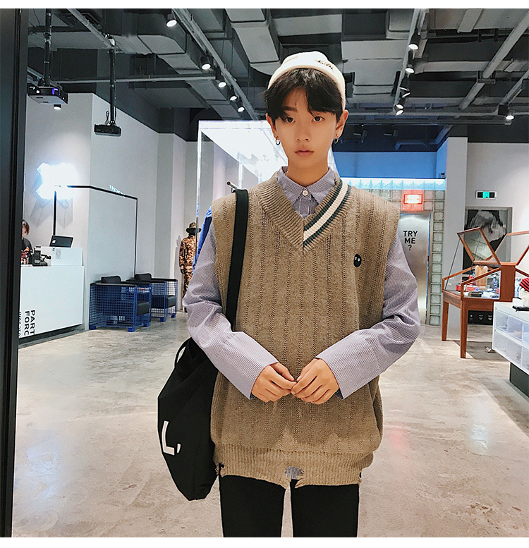 Mùa đông cổng gió v cổ vest áo len Nhật Bản vest retro không tay lỏng lẻo vest đan áo len nam triều len dệt kim
