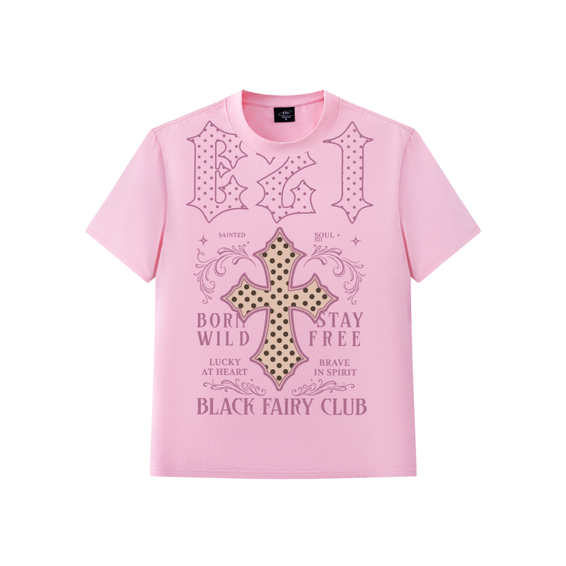 E21 Sweet Cool Short-Sleeve T-Shirt for Men and Women, Summer Pink Gothic Cross Print, Loose Fit, Slimming, Versatile Top, Regular Shoulder