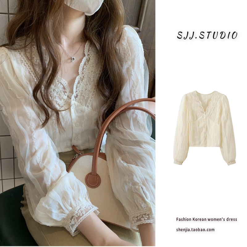 Chiffon Blouse for Women with Unique Design, Puff Sleeves, Palace Style, French Inner Wear Top, Elegant V-Neck Lace Shirt