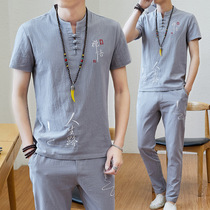 夏季棉麻套装男亚麻短袖t恤潮流休闲半袖唐装汉服中国风男装衣服v