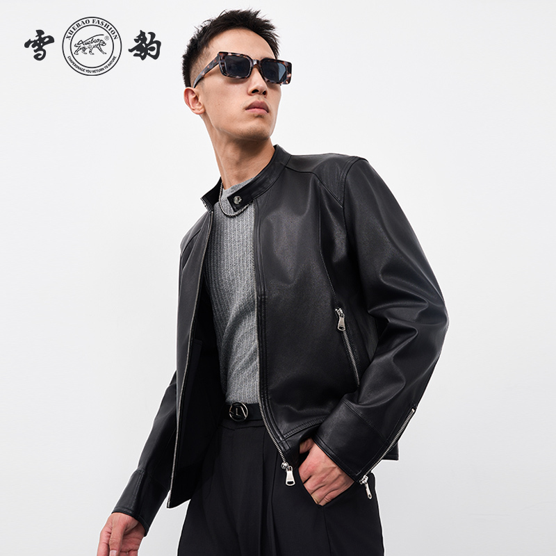 Snow Leopard Genuine Leather Jacket for Men, First Layer Sheepskin, Casual Motorcycle Retro Business Executive Stand Collar Leather Jacket Snow Leopard Genuine Leather Jacket for Men, First Layer Sheepskin, Casual Motorcycle Retro Business Executive Stand Collar Leather Jacket