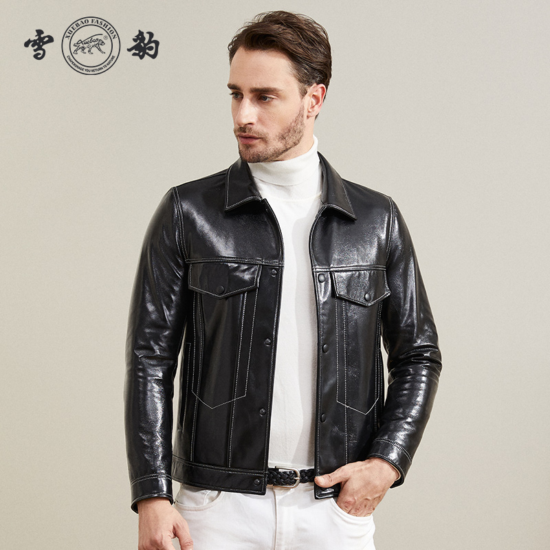 Snow Leopard Dermis Leather Clothing Sheep Leather Male turnover Short-style Jacket Fashion jacket Fashion Chahening Single-row Buttons Autumn Winter New
