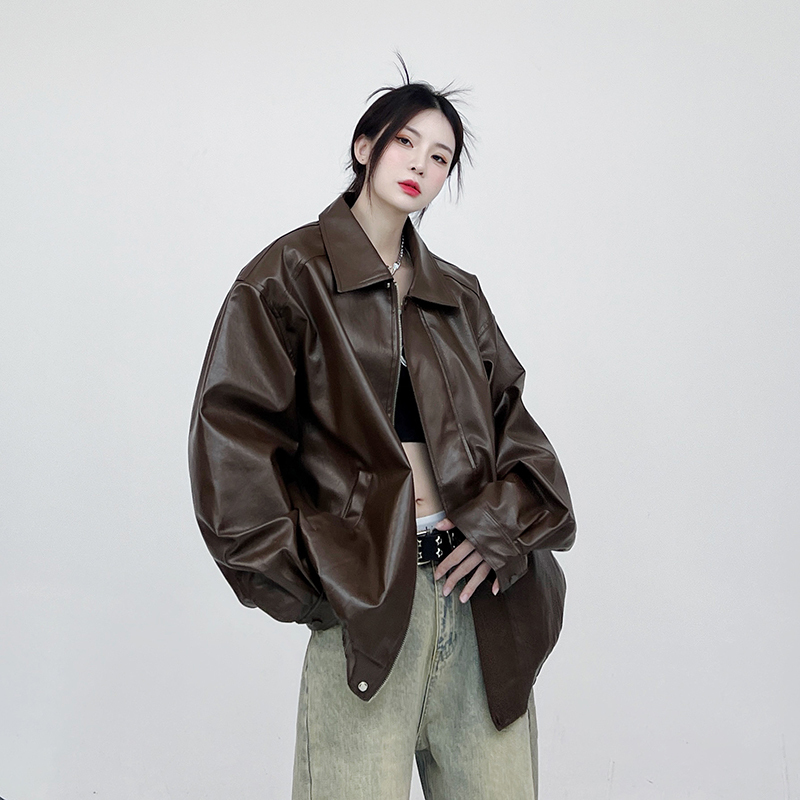 Mars Autumn and Winter New American-Style Pu Leather Solid Color Hip-Hop Jacket Top ins Retro Biker-Style Leather Jacket for Men and Women