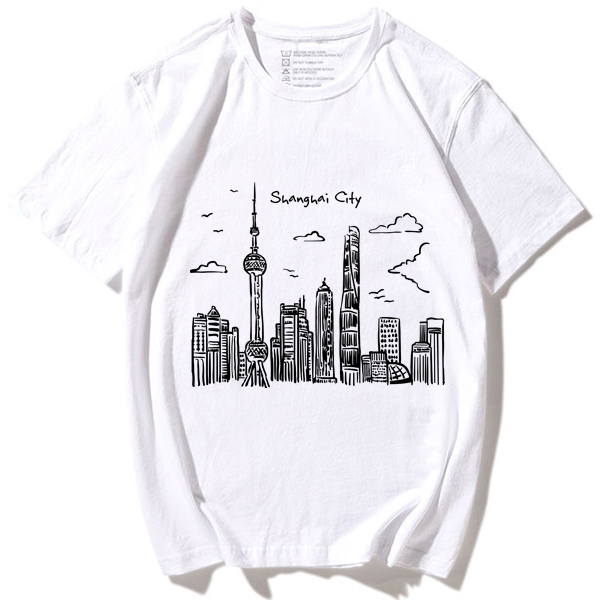 I Love Shanghai, Urban Style, Personalized Print, Trendy Fashion, Youth Student Short-Sleeved T-Shirt, Korean Version for Boys and Girls