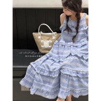 South Korean childrens clothing high-end girls summer clothing dress 2024 new childrens hanging band dress girl pure cotton skirt gown