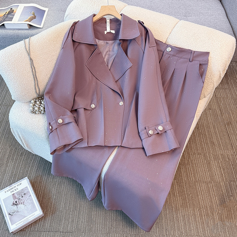 Plus-Size Women's Popular 2025 New Autumn Outfit for Chubby Women, Elegant and Slimming Suit-Style Trench Coat with Wide-Leg Pants Two-Piece Set