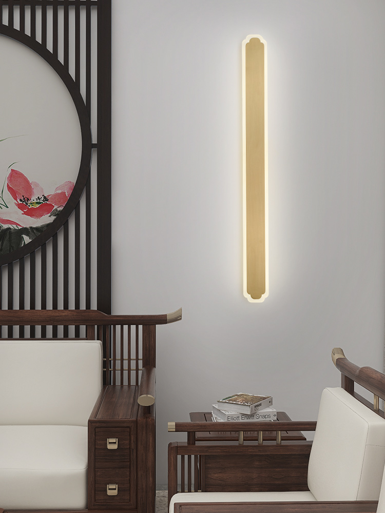 Minimalist long strip living room background wall lamp new Chinese style bedroom bedside lamp Nordic modern led net red full copper lamp