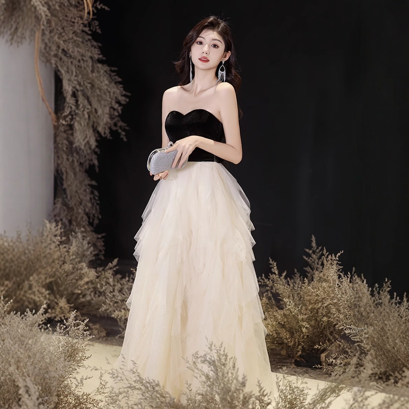 Spliced Strapless Evening Dress for Women, Socialite Banquet, Mesh, Light Luxury, Niche, Birthday, High-End, Hostess Long Dress, Graduation