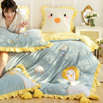 Cute Princess ins cartoon embroidered milk velvet class A four-piece Double childrens bed coral velvet