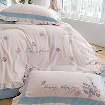 Princess style flower Pink four-piece embroidery Category A Baby Baby Baby velvet double-sided padded Korean Falaizun coral