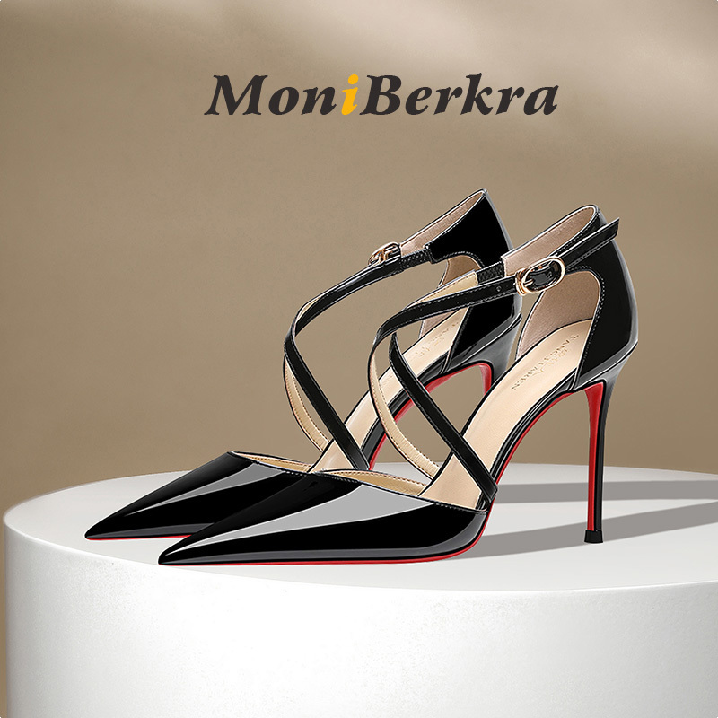 2025 Summer New Style Cross-Strap Black High-Heeled Shoes for Women with Red Soles, Stiletto Heels, Sexy Ankle Strap, Hollow Toe Sandals