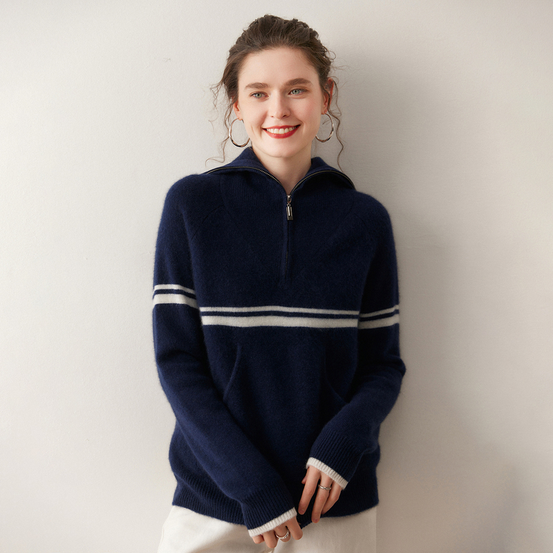 New Winter Style Small Cashmere Sweater for Women, Navy Collar Zipper Knit Sweater, Loose Fit, Slimming, Versatile Sweater Coat Top New Winter Style Small Cashmere Sweater for Women, Navy Collar Zipper Knit Sweater, Loose Fit, Slimming, Versatile Sweater Coat Top