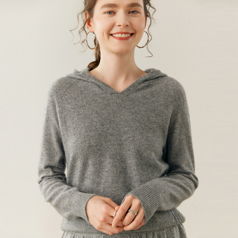 New Winter Cashmere Sweater for Women, V-Neck Hooded Knitted Base Sweater, Loose Fit, Slimming Wool Versatile Simple Sweater