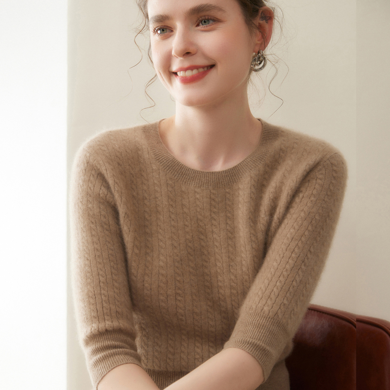 2025 Autumn New Women's Cashmere Sweater Round Neck Airy Wool Knit Base Layer Non-Itchy Seven-Sleeve Sweater