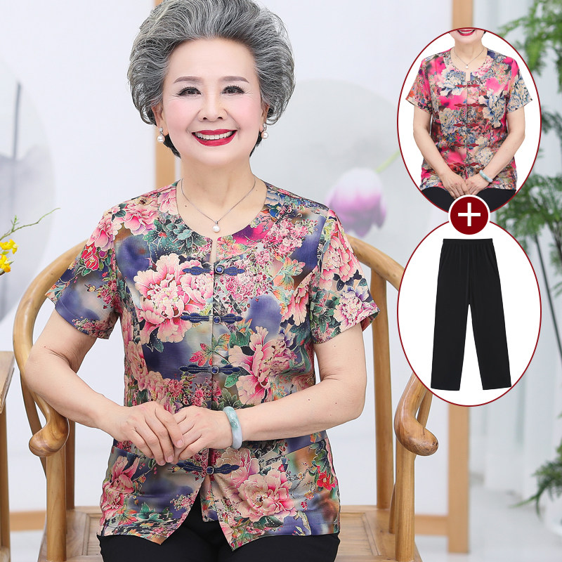 Elderly summer dress female grandmother short sleeve suit shirt 60-70 year old woman coat Ice Silk old man clothes