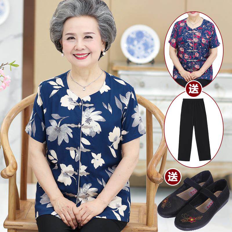 Middle-aged and elderly women's clothing pure cotton short sleeves grandma summer suit old lady clothes old lady blouse pants two pieces