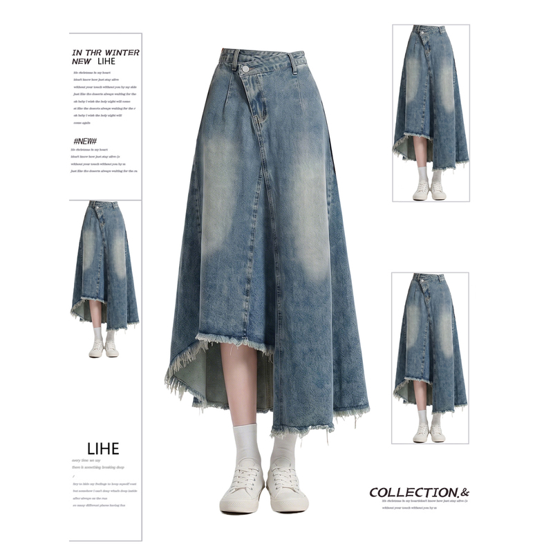American Style Irregular Denim Skirt for Women, New Summer Style, Plus Size, Loose Fit, Slimming Design, A-Line Long Skirt American Style Irregular Denim Skirt for Women, New Summer Style, Plus Size, Loose Fit, Slimming Design, A-Line Long Skirt