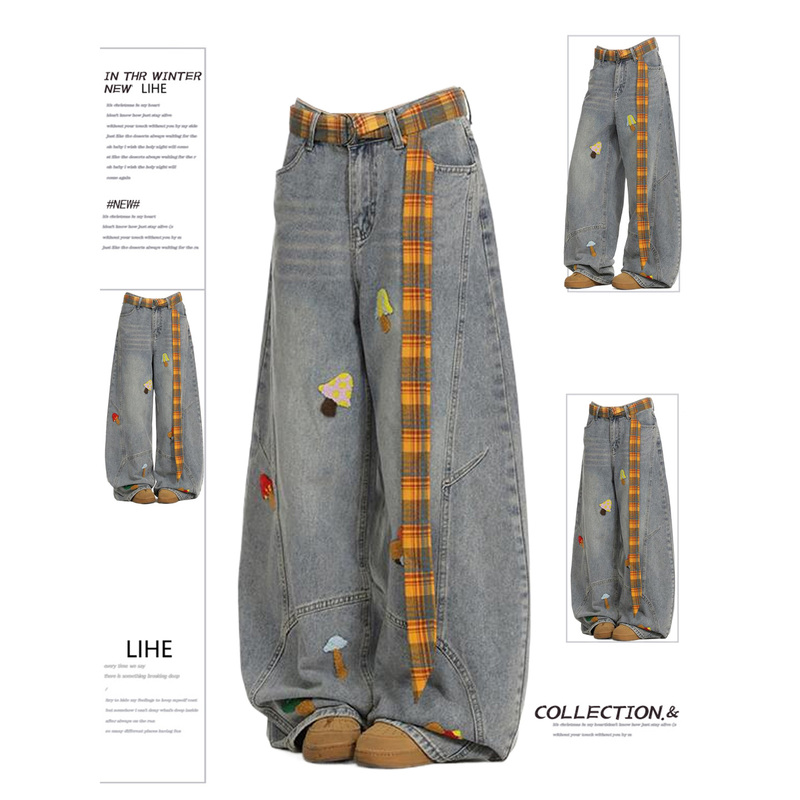 Extra Large American-Style Cartoon Embroidered Scimitar Jeans for Women, Spring Season, Plus-Size, Loose Wide-Leg, Slimming, Floor-Length Pants Extra Large American-Style Cartoon Embroidered Scimitar Jeans for Women, Spring Season, Plus-Size, Loose Wide-Leg, Slimming, Floor-Length Pants