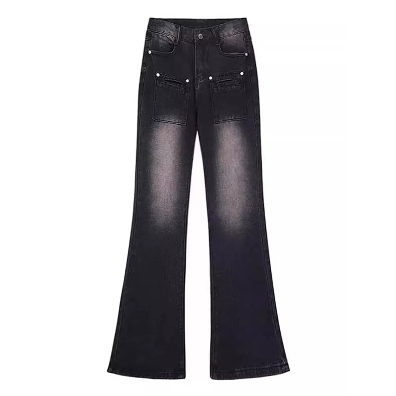 Black autumn jeans, flared trousers, plus size