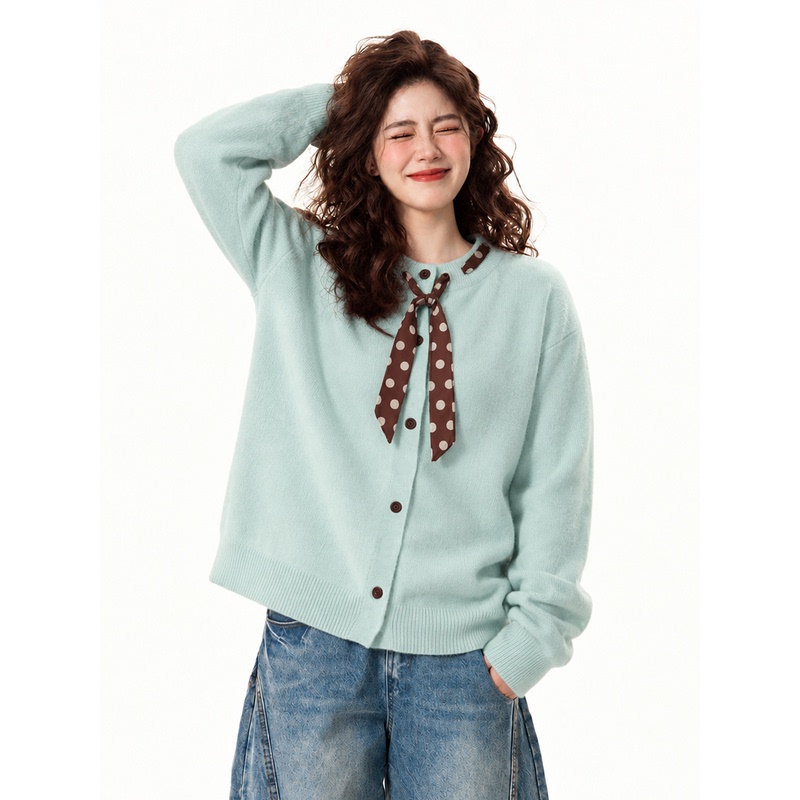 Plus-Size Fresh Green Lace-Up Soft Knit Cardigan for Women, New Autumn and Winter Style, Loose and Slimming Sweater Coat for Chubby Girls