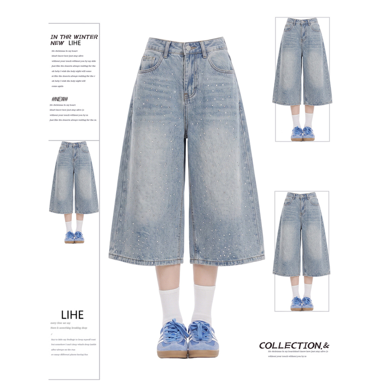 Gypsophila Rhinestone Wide-Leg Denim Capri Pants for Women, New Summer Style, Plus Size, High-Waisted, Slimming, Straight-Leg Shorts