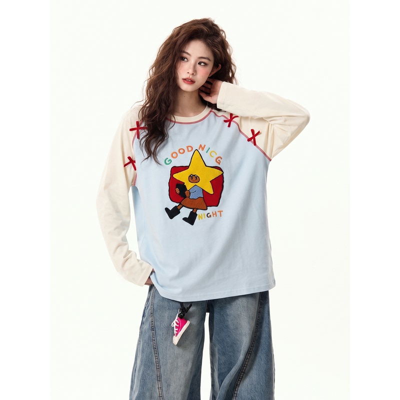 Korean-Style Cartoon Print Raglan Long-Sleeve T-Shirt for Women, Autumn, Plus Size, Loose Fit, Slimming, Base Layer Top, Can Be Worn Alone